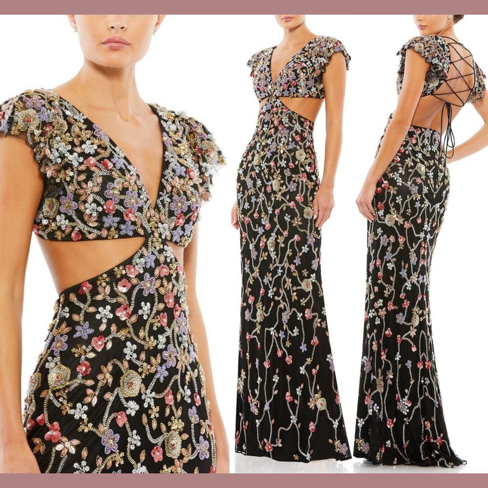 NWT$698 Mac Duggal [ 12 ] Cutout Waist Corset Back Floral Embellished Gown G1878